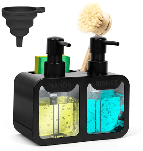 OSTWOLKE Spülmittelspender Küche Set, Küche Spülbecken Organizer mit Bürstenhalter & Trichter & Schwammhalter, 350ml Seifenspender, Waschmittel Wiederbefüllbar, Geeignet für Küchenspüle (Schwarz)