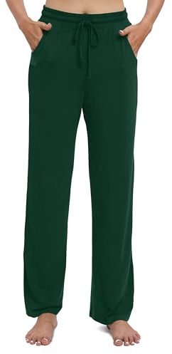 EXCHIC Damen Freizeit Elastische Gerades Bein Hose Lounge Mittel Taille Weite Yoga Hosen mit Taschen(L, Dunkelgrün)