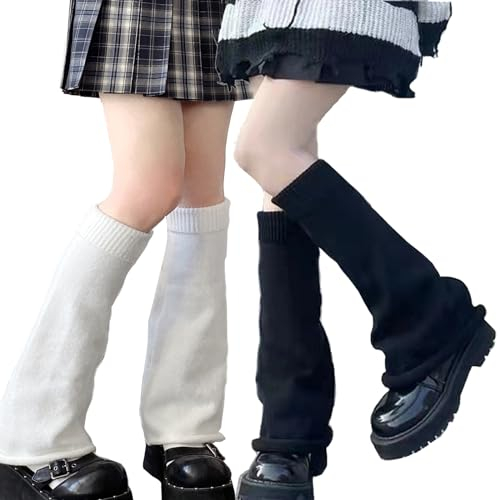 Golden Apple 2Pairs Knitted Leg Warmers Gyaru Gothic Punk Knee High Stockings Sports Yoga Thermal Legwarmers Boots Cuff Warmer for Women (Black+White)