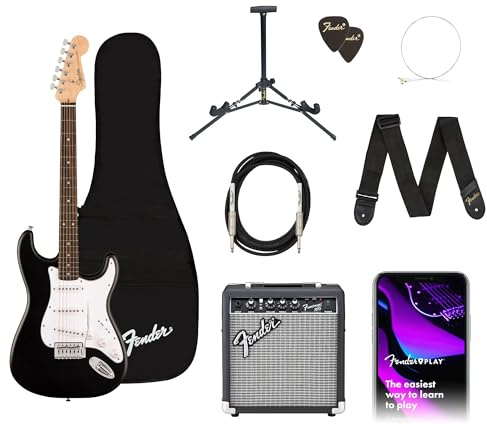 Fender Squier Debut Series Stratocaster Electric Guitar Kit, Beginner Guitar Kit, with 2-Year Warranty, with Padded Gig Bag, Frontman 10G Amp, Strap, and More, Includes Free Lessons, Black