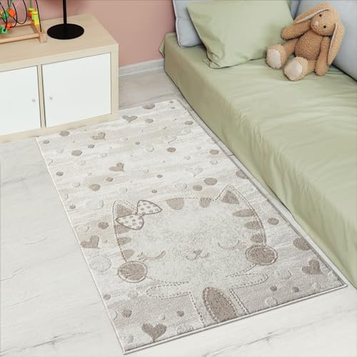 carpet city Kinderteppich Creme, Beige - 80x150 cm - Tier-Motiv Katze, Herzen - Kurzflor Teppiche Kinderzimmer, Spielzimmer