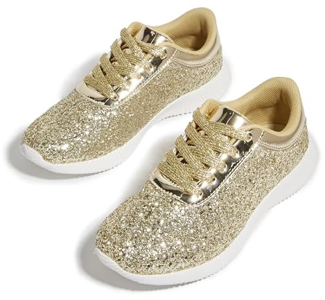 LUCKY STEP Women's Glitter Shoes Sparkly Lightweight Metallic Sequins Tennis Sneakers (Gold, 11US-42EU-9UK)