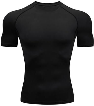 HYCOPROT Compresión para Hombres Camiseta de Compresión de Manga Corta Camiseta de Entrenamiento Capa Base Deportiva de Secado Rápido Camisetas (FR/ES, Letras, M, Regular, Regular, Negro)