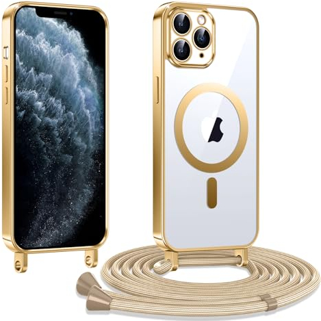 Kokio Handykette Hülle für iPhone 11 pro max mit Band, Magnetische Transparent Handyhülle Kompatibel mit MagSafe, Kratzfeste Stossfest Schutzhülle mit Einstellbar Kette,Gold