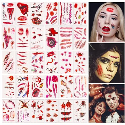 SULOLI 30 Stück Halloween Wunde Tattoos,Gruselig Narben Wasserdicht Temporäre Aufkleber,Halloween zombie kostüm für Halloween Karneval Party Cosplay