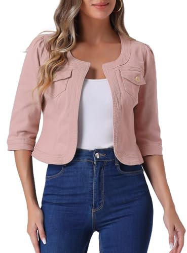 Allegra K Veste en Jean pour Femme Sans Col à Manches 3/4 Devant Ouvert Blouson en Demin Délavé Rose S