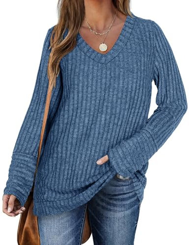 PLOKNRD Pullover für Damen Langarm V-Ausschnitt Loose Sweatshirt Freizeit Oversized Strick Sweater(Dunkel Blau，2XL