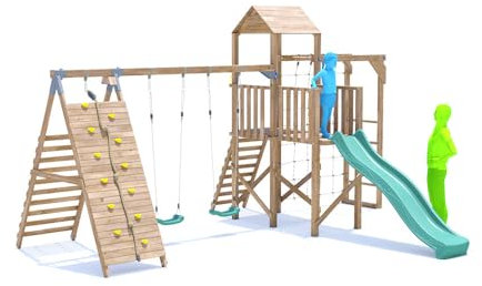 Dunster House Climbing Frame with Double Swing, HIGH Platform, Tall Climbing Wall, Monkey Bars, Cargo Net & Slide BalconyFort