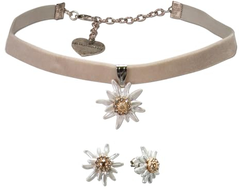 Alpenflüstern Trachtenschmuck-Set Trachten-Samt-Kropfband und Ohrstecker Greta Edelweiß - Damen-Trachten-Schmuck, Trachtenset Trachtenkette und Trachten-Ohrringe (grau) SET053