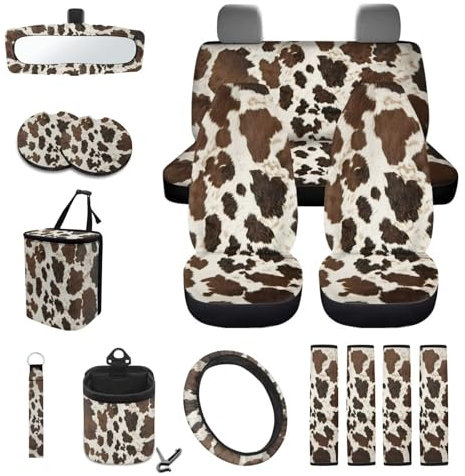 Wanyint Autositzbezüge mit braunem Kuhfell-Aufdruck, für vorne und hinten, geteilte Sitzbank, Lenkradbezug, Sicherheitsgurtpolster, Untersetzer, Mülleimer, hängende Aufbewahrungstasche,