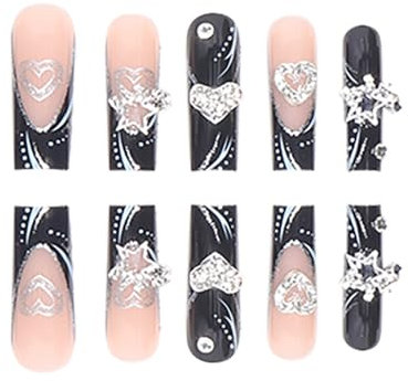 Ling & Bai Long Coffin False Nails 24Pcs French Fake Stick on with Rhinestone Flower Bow Removable Glue-on for Women and Girls(Black Pink, Jelly Glue Style)