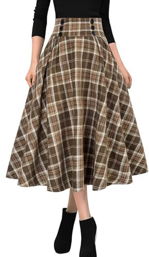 MGizo DtiSpectrum Jupes Plissées à Carreaux pour Femmes - Jupe Plissée Évasée à Taille Haute et Élastique à Boutons sur Le Devant Vintage en Tartan Mi-Longue