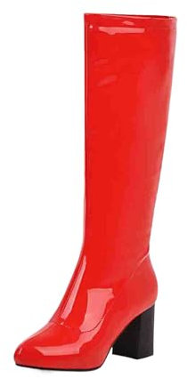 Stivali da donna e belli in PU con punta grossa, comodi, non abrasivi, con stivali alti alla coscia, Rosso, 39.5 EU