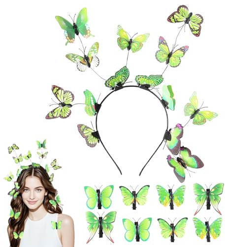 Ensembles de Accessoires Cheveux Femme, Serre Tete Papillon et 8 Pince Cheveux Papillon, Exquis Serre Tête avec Pince Cheveux Papillon pour Printemps Carnaval Accessoires de Style (Vert, 12cm)