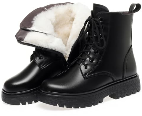 HIKKWXVN Winter-Schneestiefel für Damen, Stiefeletten mit dickem Absatz, Kampfstiefel, warme Stiefeletten mit Fellfutter und seitlichem Reißverschluss, Herbst-/Winterstiefel