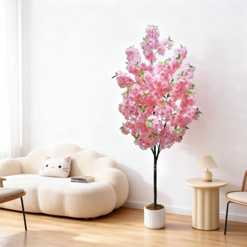Aptliton 180cm/5.9ft Artificial Cherry Blossom Tree, Large Realistic Fake Blooming Flower Tree with Pink Flowers, Indoor Outdoor Decorative Potted Artificial Trees for Home Office Party Wedding