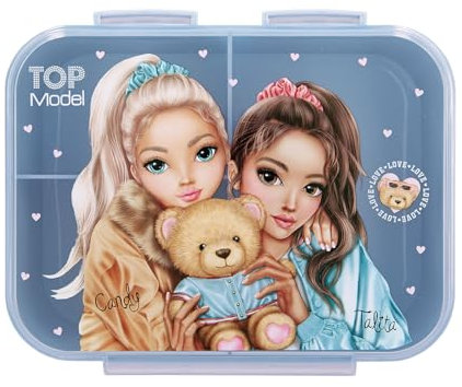 Depesche 13255 TOPModel Team Teddy - Brotdose in Rosa, mit Model Motiv und Karo Muster, Lunchbox mit 3 Fächern und transparent-blauem Deckel