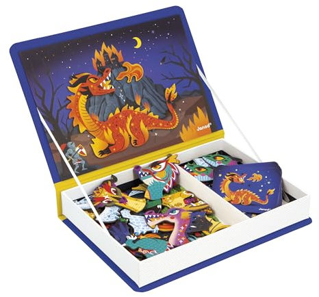 Janod - Magnéti'Book Drachen - Magnetisches Lernspiel 53 Magnete + 10 Modelle - Kinderspielzeug aus FSC-Karton - Fördert die Fingerfertigkeit und Vorstellungskraft - Ab 3 Jahre - J02527