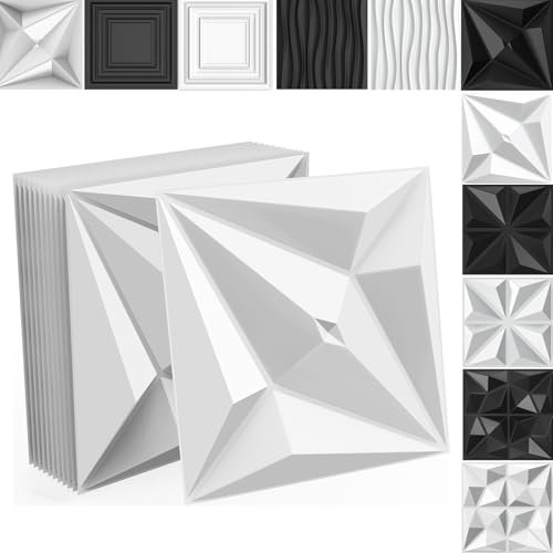 Aufun Paneles 3D de pared de PVC, 12 unidades, 50 x 50 cm, revestimiento de paredes, revestimiento de fachadas, paneles decorativos para techo, decoración de pared para salón, dormitorio (3 m², blanco