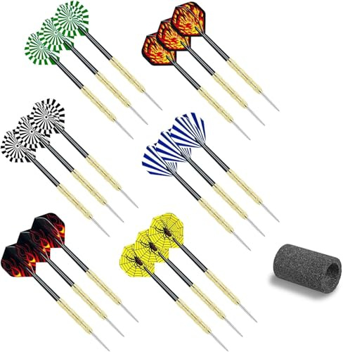 ProChosen 18 Pack Prefessional Darts Set 15 Grams Steel Tip Dart | 6 Color Premium Aluminum Shafts and PET Flights, With Sharpening Stone, for Beginner or Professional