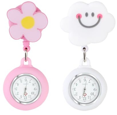 Fob Watch Retractable Nurse, Pattern Clip-On Telescopic Nurses Watch with Luminous Hands, Ideal Nurse Accessories & Gifts for Doctors, Medical Use & Shift Work (White Cloud & Pink Flower)