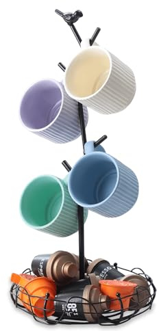 Soporte decorativo para tazas de árbol y pájaro para encimera, árbol de taza de café con cesta de almacenamiento de nido de pájaro, capacidad para 4 tazas grandes, decoración de cocina caprichosa