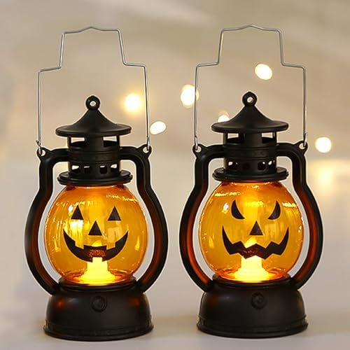 2 PCS Halloween Pumpkin Handheld Lantern, 4.9 Inch Battery Operated Cute Pumpkin Light Up Lamp Indoor Outdoor for Kids Decoration (Yellow-Handheld)