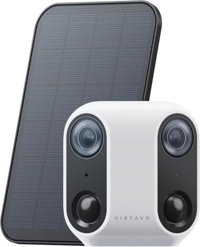 VIRTAVO XM1, Telecamera WiFi Esterno Senza Fili, Doppia Lente Vista Panoramica 160°, Videocamera di Sorveglianza con Pannello Solare, Visione Notturna Starlight a Colori, Rilevamento PIR, Bianco