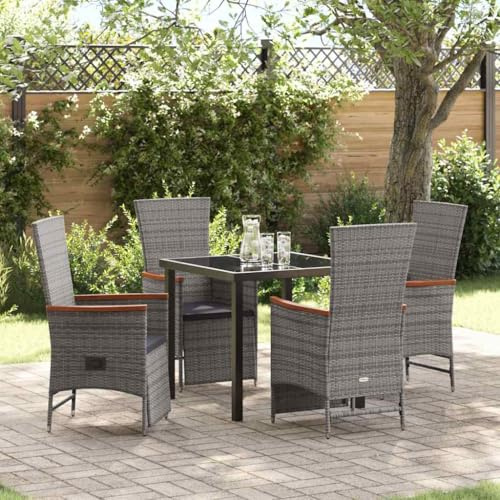 QJBSAVVA Gartenmöbel Set Essgruppe 5-TLG Grau Poly Rattan Neigefunktion mit Gaslift, pulverbeschichtet, inkl. 4 Stühle, 1 Gartentisch & Outdoor-Kissen für Balkon Terrasse Garten