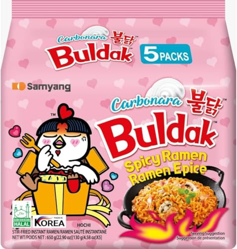 SAMYANG Buldak Carbonara Noodles Pack of 5 – Korean Hot Chicken Flavour Ramen, Carbonara Buldak Instant Noodles, Spicy Korean Import Noodle Multipack