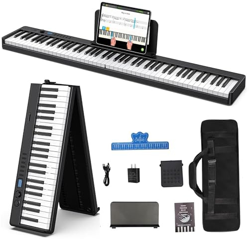 Portable Folding Piano Keyboard,Semi-Weighted Folding Digital Piano 88 Key, Full Size Keyboard Electric Piano with Sustain Pedal, Handbag, Bluetooth, USB MIDI for Beginner, Adult