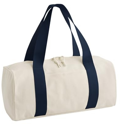 Bagbase Edit Reisetasche aus Segeltuch – Natur/Marineblau, recyceltes Polyester, Hauptfach mit Reißverschluss, Einschubfach vorne, weiche Gurtbandgriffe und Abreißetikett, hergestellt für