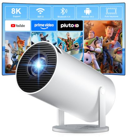 ZDSSY Mini Projector for Bedroom 4K 8K Support, Native 720P Projectors | WiFi 6 & BT 5.4, Android 14, Auto Keystone, Bulit in Apps Portable Projector, for Android/iPhone/PC/Mac/Switch/PS5, White