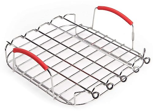 RESFNSE 1 Piece Versatile Square Roasting Grill with Skewers Baking Tray 9 Inch Stainless Steel AirFryer Grill Rack