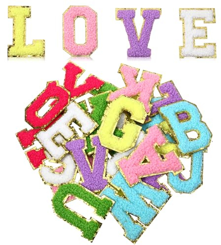 GEEHUA 26PCS Chenille Letters Patches, A-Z Embroidered Applique Colorful Fabric Initial Patch Self Adhesive Letter Patches Alphabet Patch for DIY Shirts Shoes Jeans Backpacks Hats