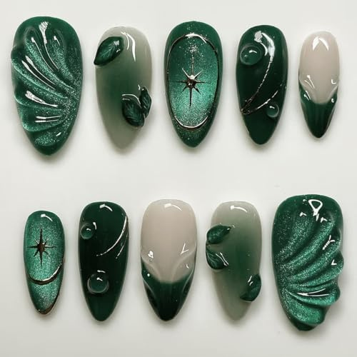3D Press on Nails Medium - Dark Green Almond French Tip False Nails with Leaves Design - Glossy Finish Acrylic Fake Nails with Glue - Full Cover Handmade Gel Stick on Nails for Women,24Pcs