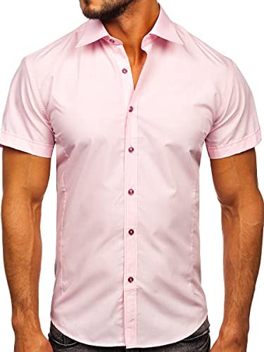 BOLF Uomo Camicia a Manica Corte Camicetta Elegante Quotidiana Tempo Libero Festa Classica Basic Slim Fit Casual Style 7501 Rosa M [2B2]