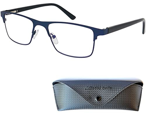 Mini Brille Metall Lesebrille mit rechteckigen Gläsern - mit Gratis Etui, Edelstahl Brillengestell (Blau), Eckige Lesehilfe Herren und Damen +2.0 Dioptrien