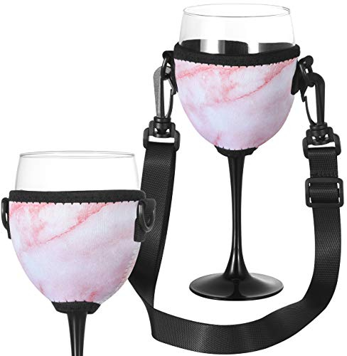 Beautyflier Wine Glass Insulator/Drink Holder/Neoprene Sleeve with Adjustable Neck Strap For Wine Walk (Marble Pink)