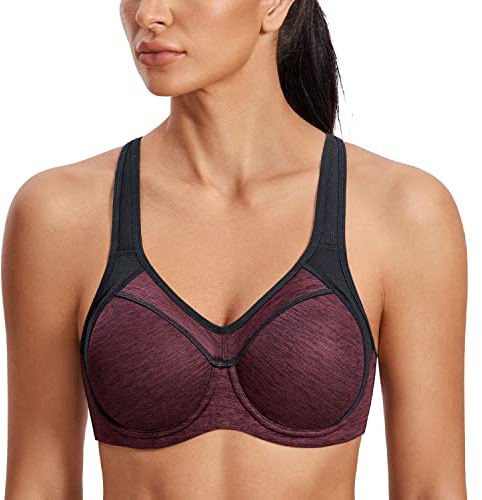 SYROKAN Women's High Impact Sports Bra Underwire Full Support Racerback Padded Running Bra Dark red Flower ash 36DD