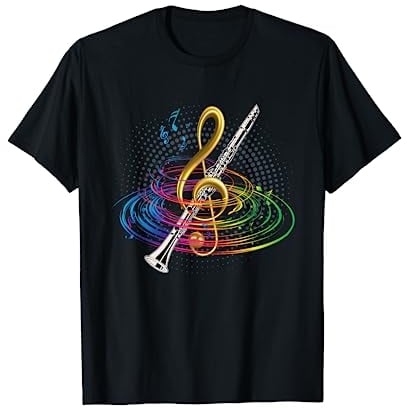 Klassik Musik Klarinette T-Shirt Notenschlüssel Klarinette Design Unisex-Erwachsene, Unisex-Kinder Schwarz S Kurzarm Klassische Passform Klassisch Crew-Ausschnitt T-Shirt