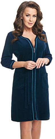 DOROTA trendiger und gemütlicher Damen Baumwoll-Bademantel mit Reißverschluss & Jackentaschen, made in EU, dunkelblau, Gr. M