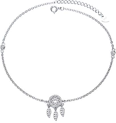 Belons Damen Fußkettchen Traumfänger 925 Sterling Silber Zirkonia Fußkette Mädchen Charm Knöchel Armband Verstellbare Armkette