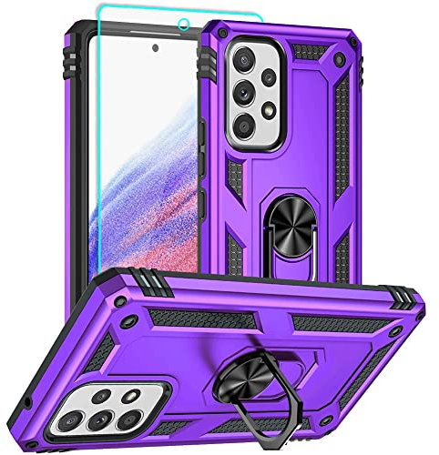 Aozuoton Samsung A53 5G Hülle, Samsung Galaxy A53 5G Metallring Handyhülle & Schutzfolie, Hybrid Case Ständer Stoßstange Handy Hüllen Cover für Samsung Galaxy A53 5G,Lila
