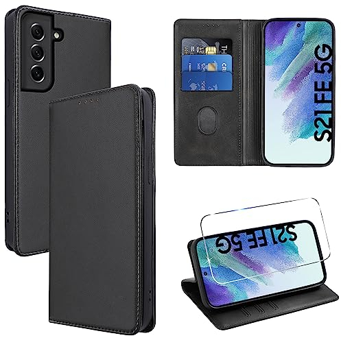 Vauki Funda Cuero para Samsung Galaxy S21 FE 5G con 1 Cristal Templado Carcasa PU Tipo Cartera Soporte Tarjetas Case Ranuras Soporte Plegable Tapa Libro Movil Flip Caso para Samsung S21 FE 6.4,Negro