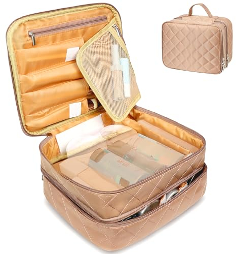 LEcylankEr Kosmetiktasche Damen, Schminktasche Groß Reise mit Fächern, Portable Doppelschicht Make Up Organizer Tasche mit Pinsel-Fach, Wasserdicht Kosmetikkoffer Damen mit Große Kapazität (Braun)