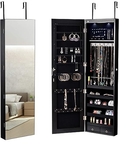 RELAX4LIFE Armoire à Bijoux Murale avec LED, Armoire a Bijoux Porte avec Miroir, Miroir Rangement Porte avec Serrure, 2 Tiroirs, Peu Encombrante, pour Bracelet Collier Bague