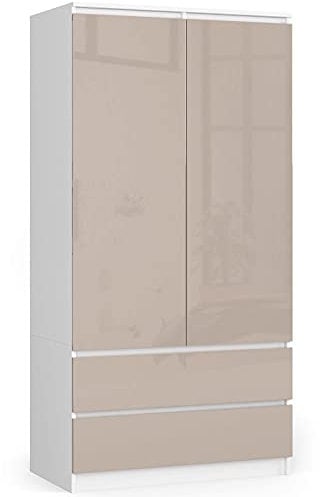 AKORD | Zweitüriger Kleiderschrank S 90 cm | 2 Schubladen mit Regalen und Einer Kleiderstange für EIN Schlafzimmer | Kleiderschränke Stil Laminierte Platte 16 mm | weiß-Cappuccino glänzend