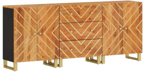vidaXL Beistellschrank 3 STK., Sideboard mit viel Stauraum, Kommode Schrank mit Eisenbeinen, Anrichte Wohnzimmerschrank Standschrank, Braun Schwarz Mangoholz