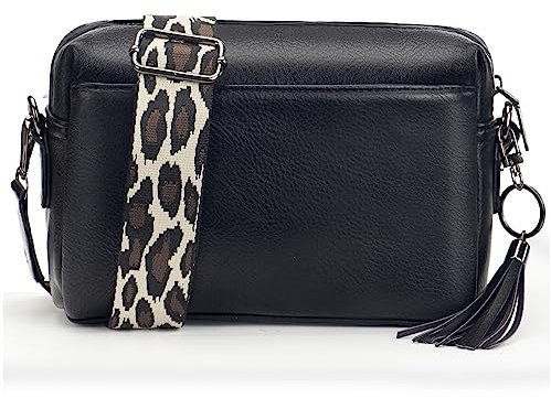 JANZORE Women CrossBody Bag Camera Handbag Shoulder Bag Small Multipurpose Vegan Leather Casual Fashion Cross body Bag Three Compartment Strap Wide Satchel with Tassel key Ring